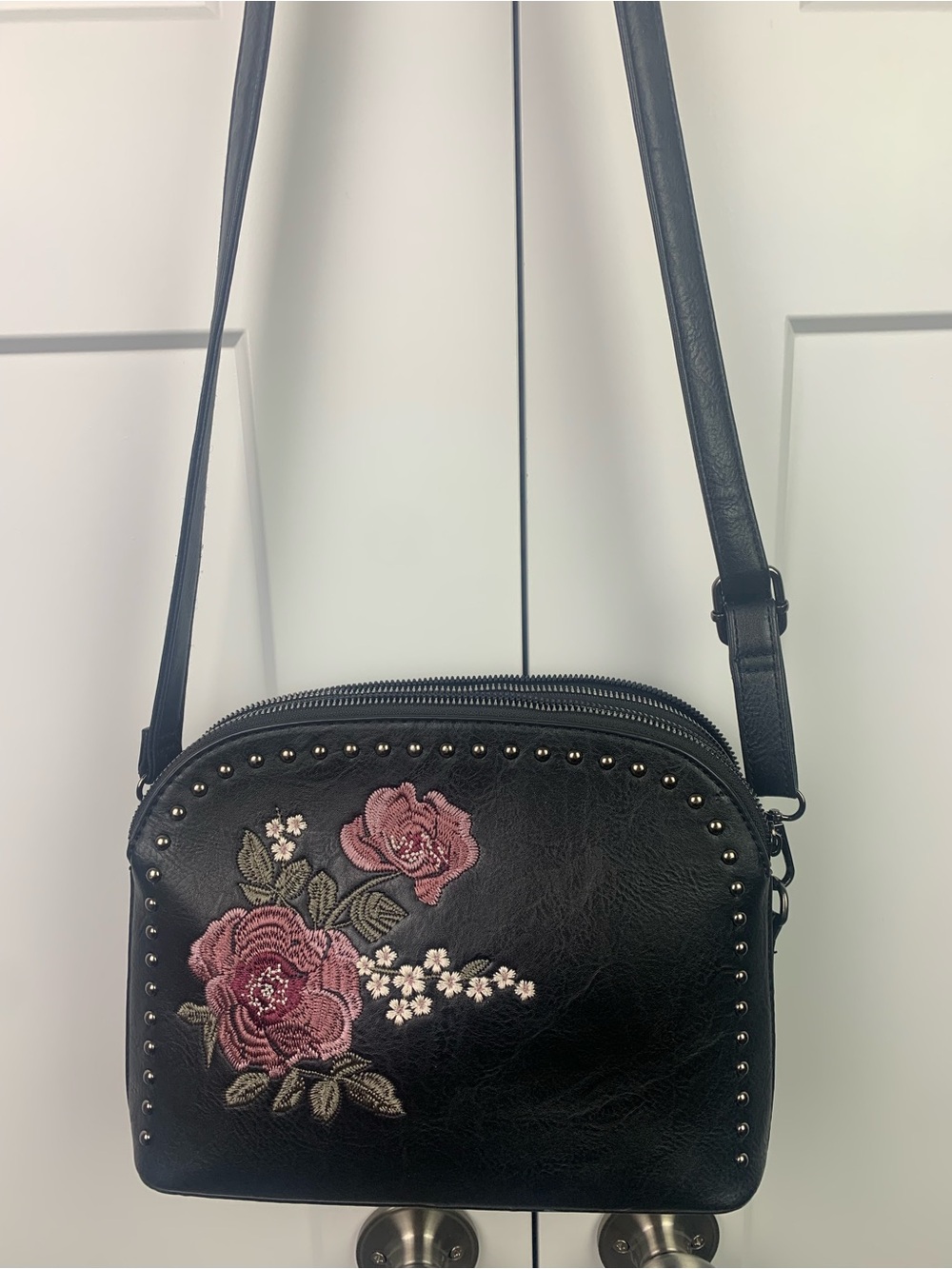 Sam & Hadley Black Faux Leather Floral Embroidered Studded Zip Crossbody Small